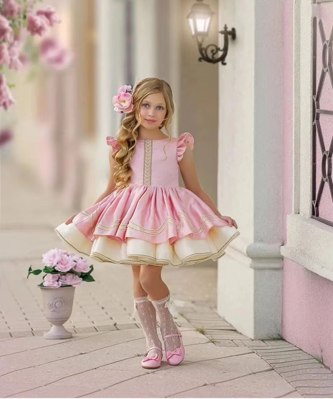 0-12Y Baby Girl Spring Summer Pink Vintage Spanish Princess Ball Gown Dress for Eid Causal B298