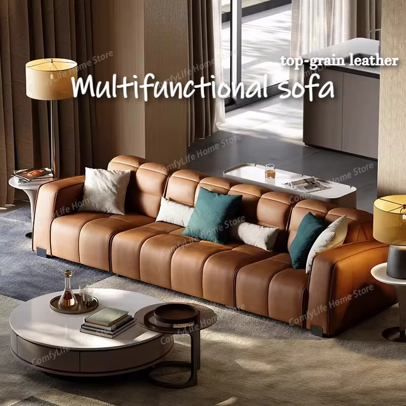 Top-grain Leather Electric Sofa Retractable Straight Row Couch Lounge Minimalist Full Size Frame Hotel Furniture Living Room