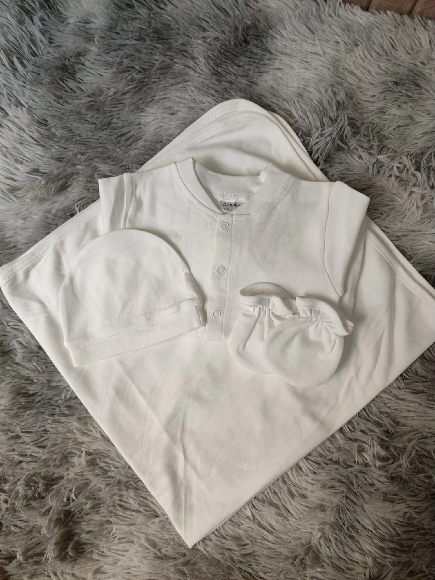 Minimal Pure Cotton Newborn Romper 0-9 Months 4Pcs All White Basic Long Sleeve Bodysuit Swaddle Blanket Hat Mitten Baptism Gift