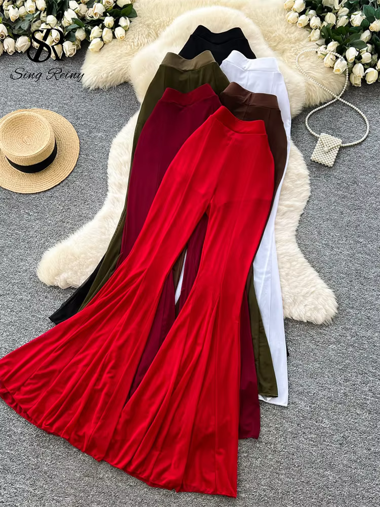 SINGREINY Sheer Mesh Stretchy Flare Pants Slim Solid High Waist Glamorous Flapper Women Summer American Ins Sexy Casual Trousers