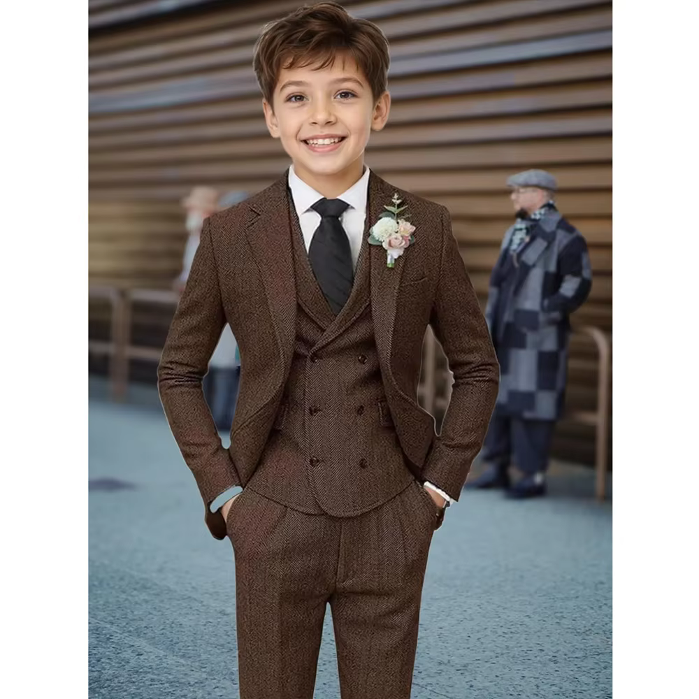 Chic Herringbone Boy Suits 3 Piece Notch Lapel Tweed Slim Children Formal Tuxedos Casual Daily Wedding Party Kids Clothes