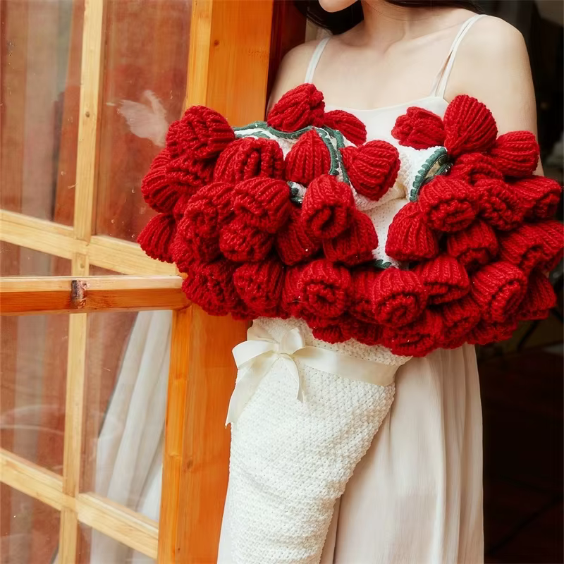 Romantic Rose Bouquet Blanket​ Crochet Rose Bouquet Blanket for Girls Baby Warm Blanket Gift Cozy Crochet Flower Knit Blanket