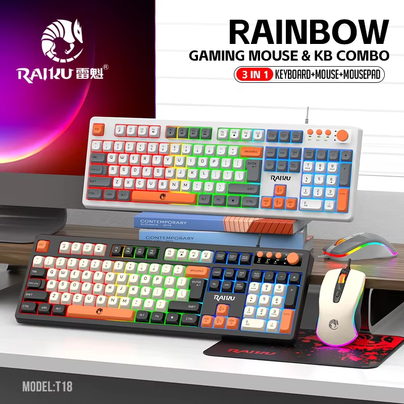 T18 Gaming Glowing Keyboard Wired RGB Mouse Game Customizable 3-Color Gaming Keyboard and Mouse Set 3in1 Set