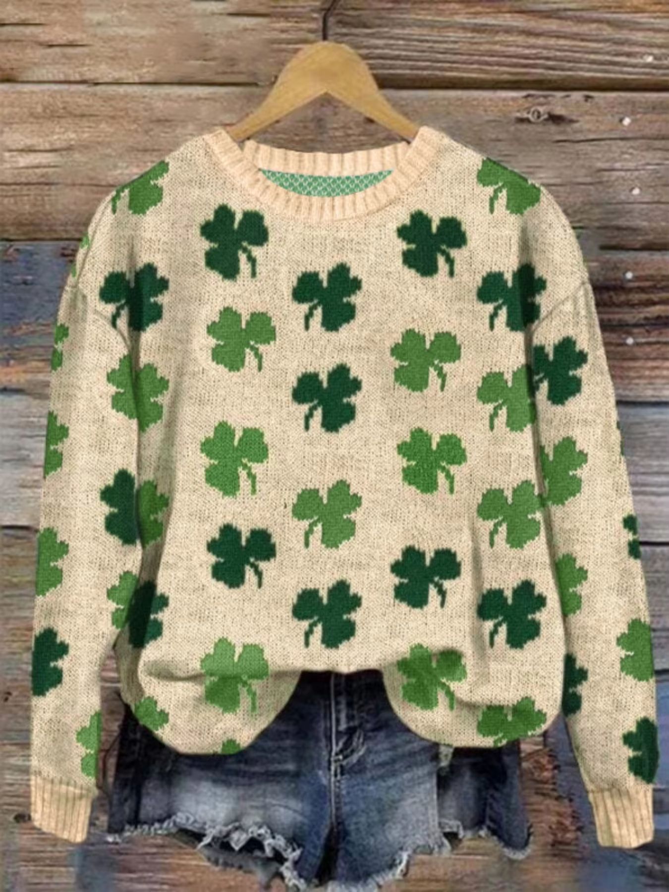 Women's Oversized Crew Neck Knit Sweater Multi-Color Clover Print Casual St. Patrick's Day Pullover Fashion Ladies Top