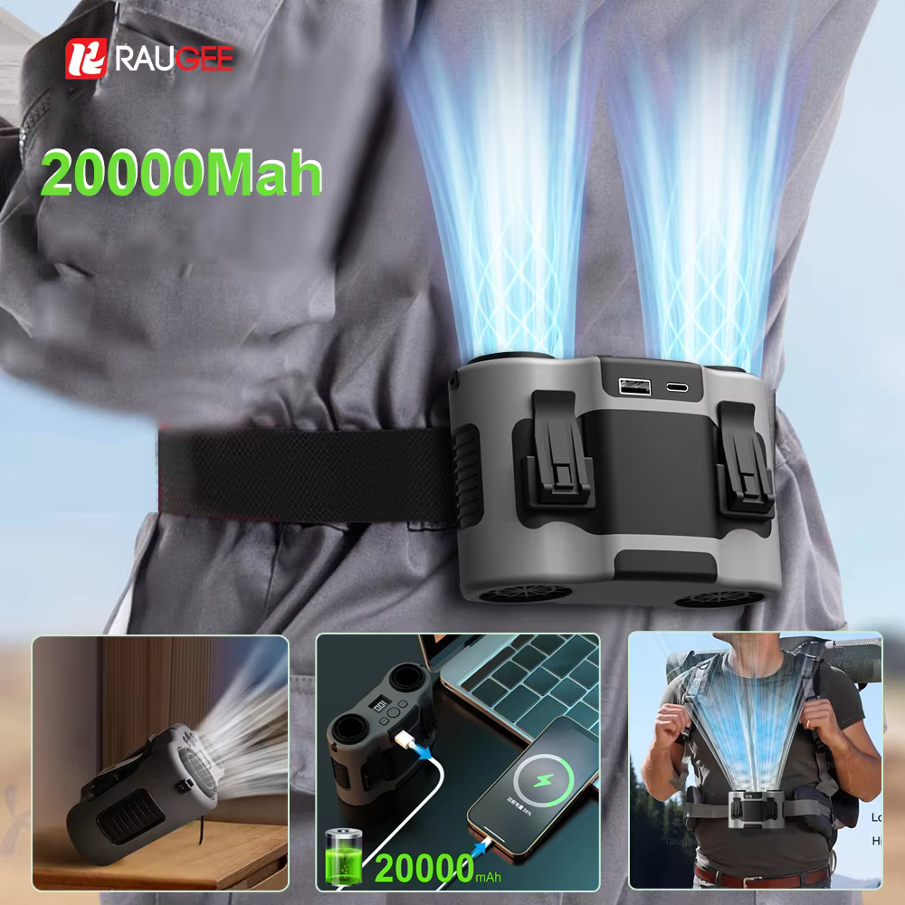 Portable Waist Clip Fan Wearable Mini USB Rechargeable Hanging Fan For Outdoor Working Double Air Outlet Waist Fan 20000Mah