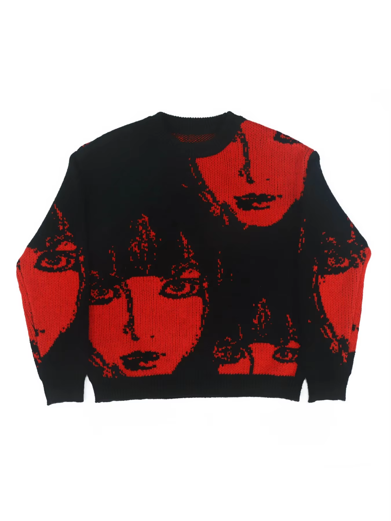 Black Red Anime Portrait Oversized Crew Neck Knit Sweater Men's Women's Streetwear Pullover Fashion Top