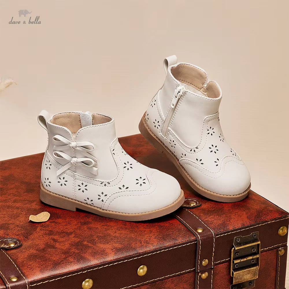 Dave Bella Children's Short Leather Boots Winter Girls Anti Slip Plush Shoes Fashion Casual Outerwear Kids Ankle Boots DB4253578