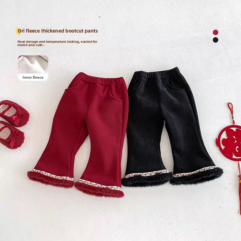 Girls' Embroidered Bell Bottom Pants 2025 New Winter Baby Retro New Year's Clothing Children's Fashion Plus Plush Thick Pants