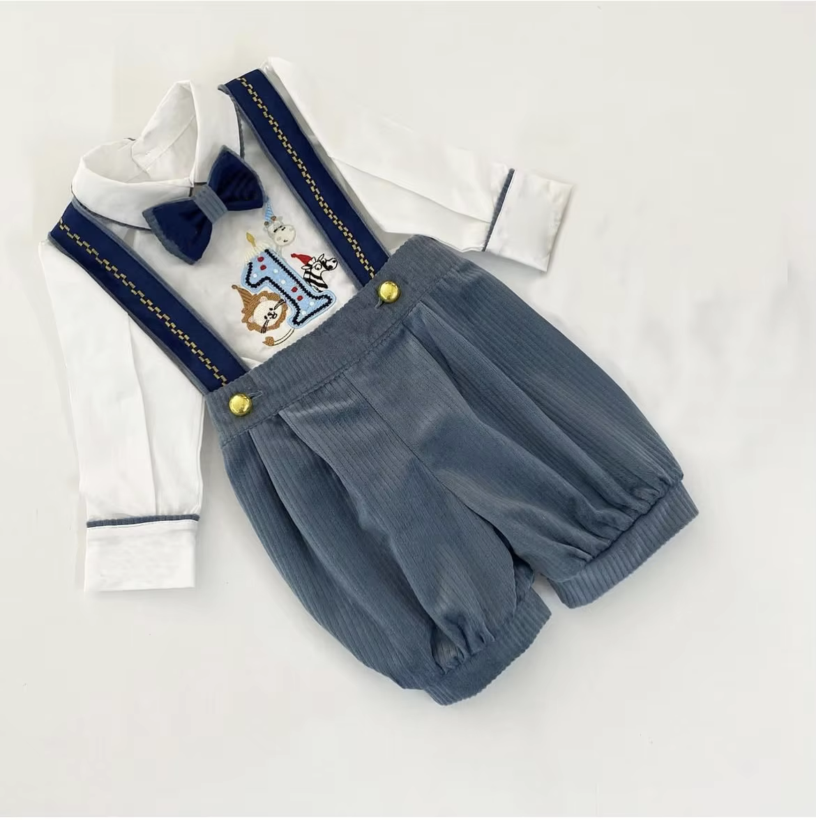 0-6Y Baby Boy Autumn Cartoon Animals Embroidery Vintage White Shirts Blue Shorts Set for Eid Casual Birthday Photography  C20
