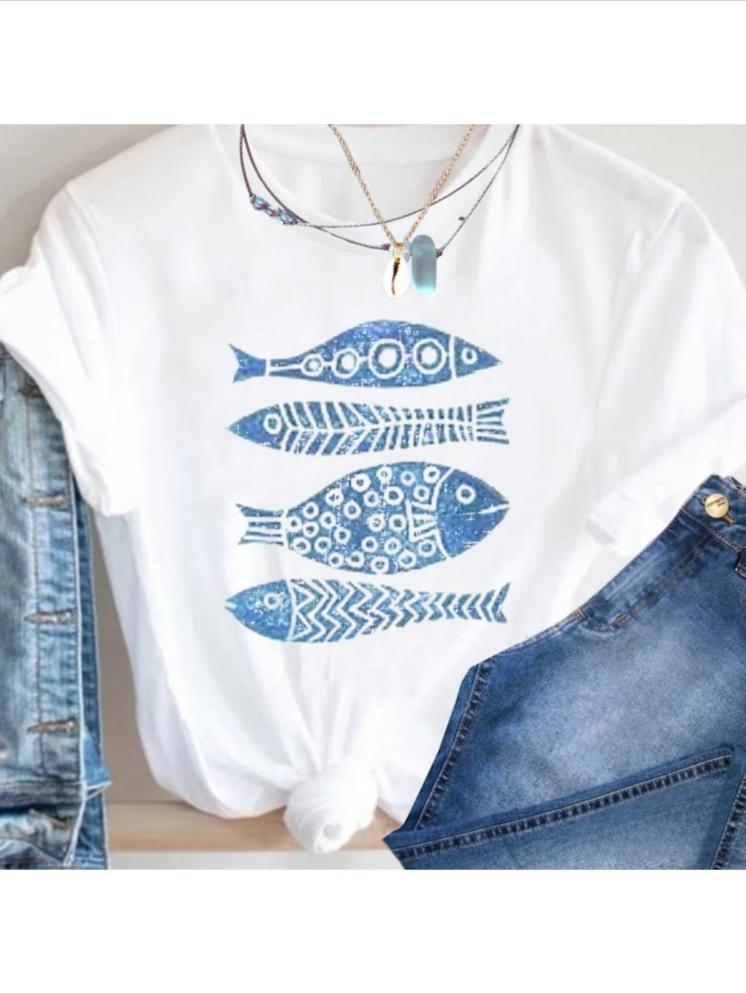 Holiday Style Fish Print Summer Women's Top Short Sleeved Casual Round Neck T-shirt Summer Comfortable Women's Clothing