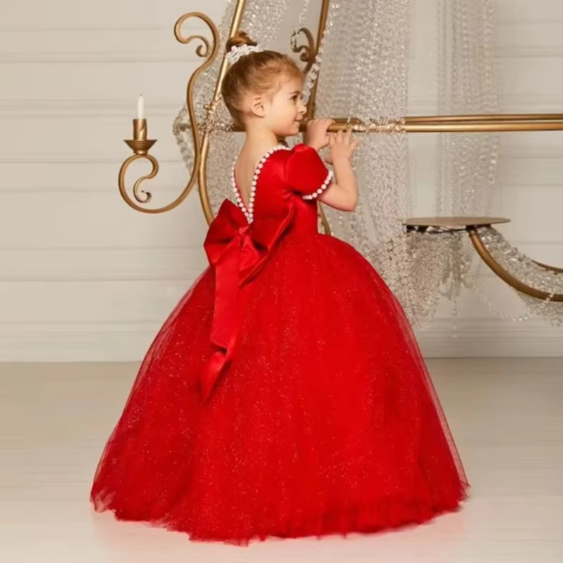 Red Girls Princess Party Dress Puffy Tulle Gown for Birthday Children Host Violin Piano Performance Fashion Show Pageant Clothes