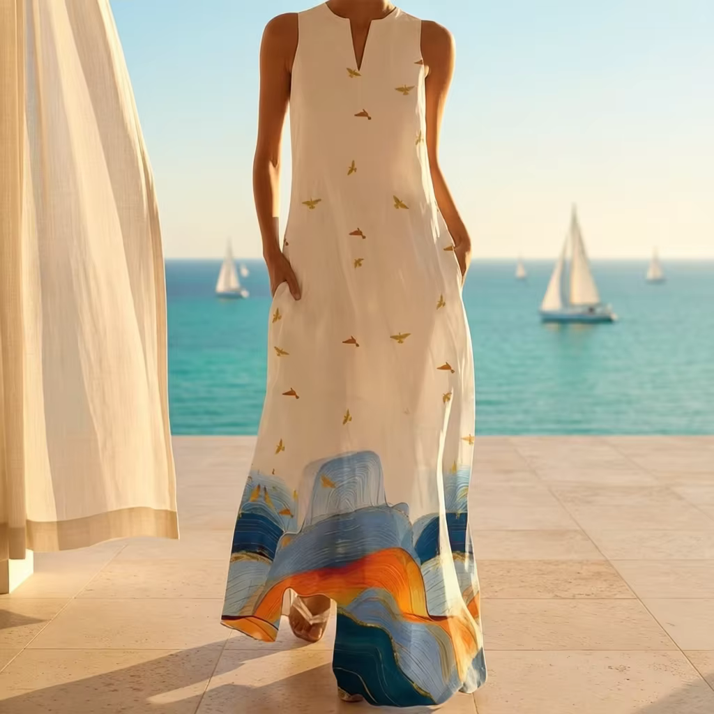 Elegant Sleeveless Women Dress Summer Vintage Print Loose Long Maxi Dresses Lady V Neck Pocket Sundress Femme Vestido Plus Size