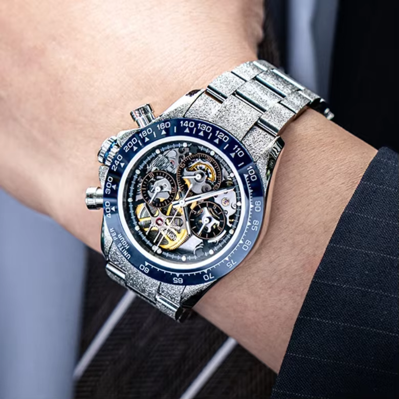 CRONUSART Men Chronograph Watch 40mm Automatic Mechanical Wristwatch Luminous Sapphire Mirror Skeleton Dial Ceramic Bezel