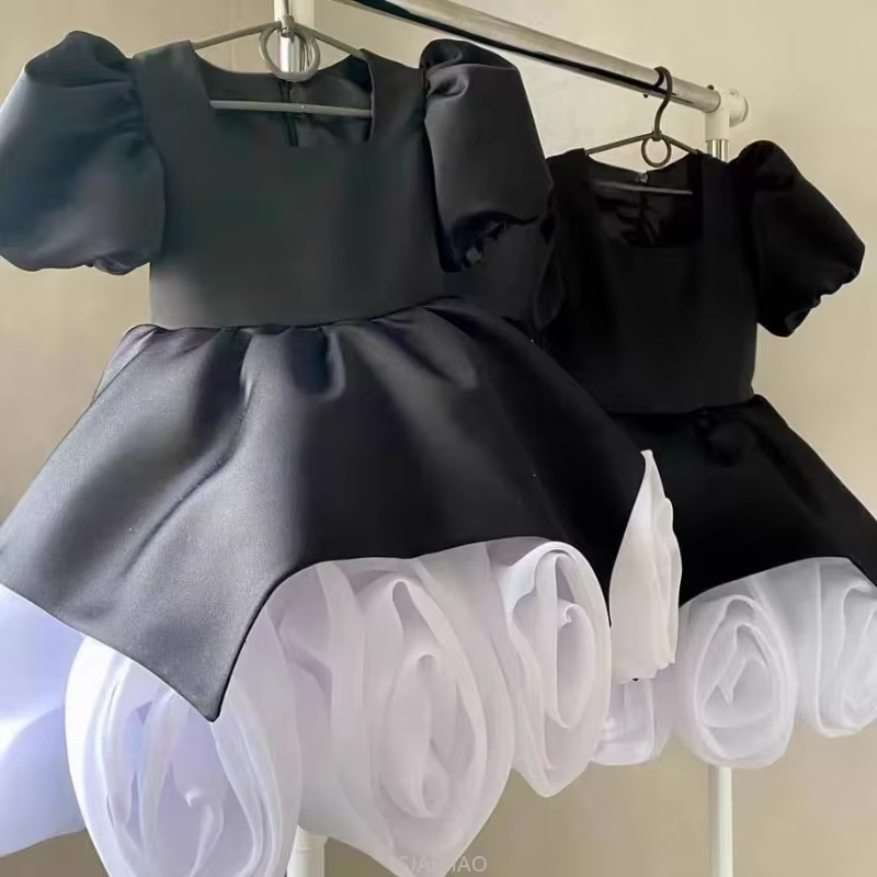 Teen Girl Clothes Children 3D Floral Puff Sleeve Vestido Kids Elegant Pageant Host Outfit Birthday Dress Costume Piano Recital