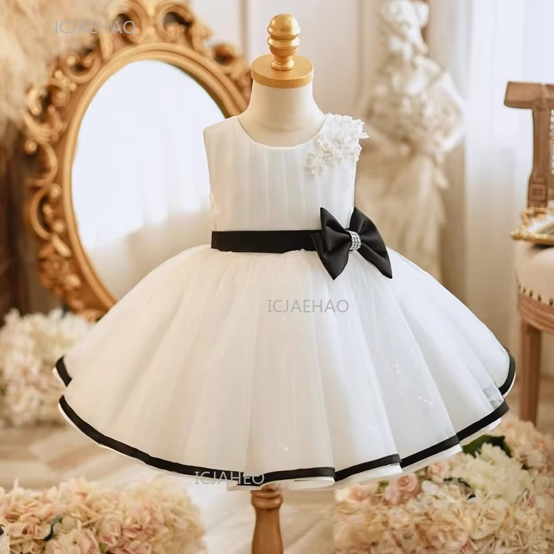 Party Dress Black Bow Belt Children Girls Princess Wear Evening Gown Stage Performance Baby 100 Days Celebration Tutu Dresses