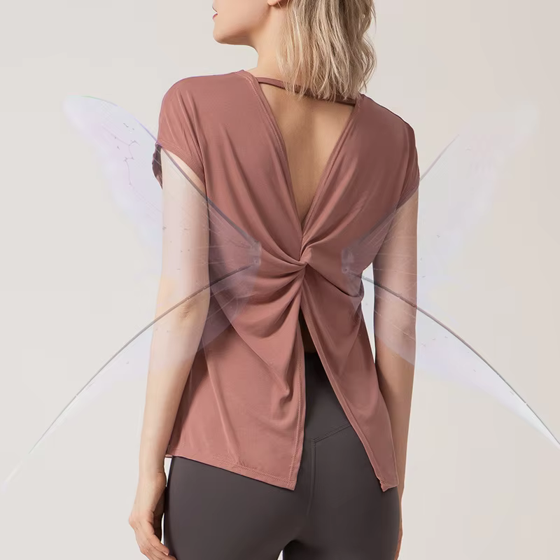 Women's Split Side Yoga Top Sexy Open Back Fitness T-shirt Loose Fit Workout Tee Running Sports Cover Gym Wear Woman clothing