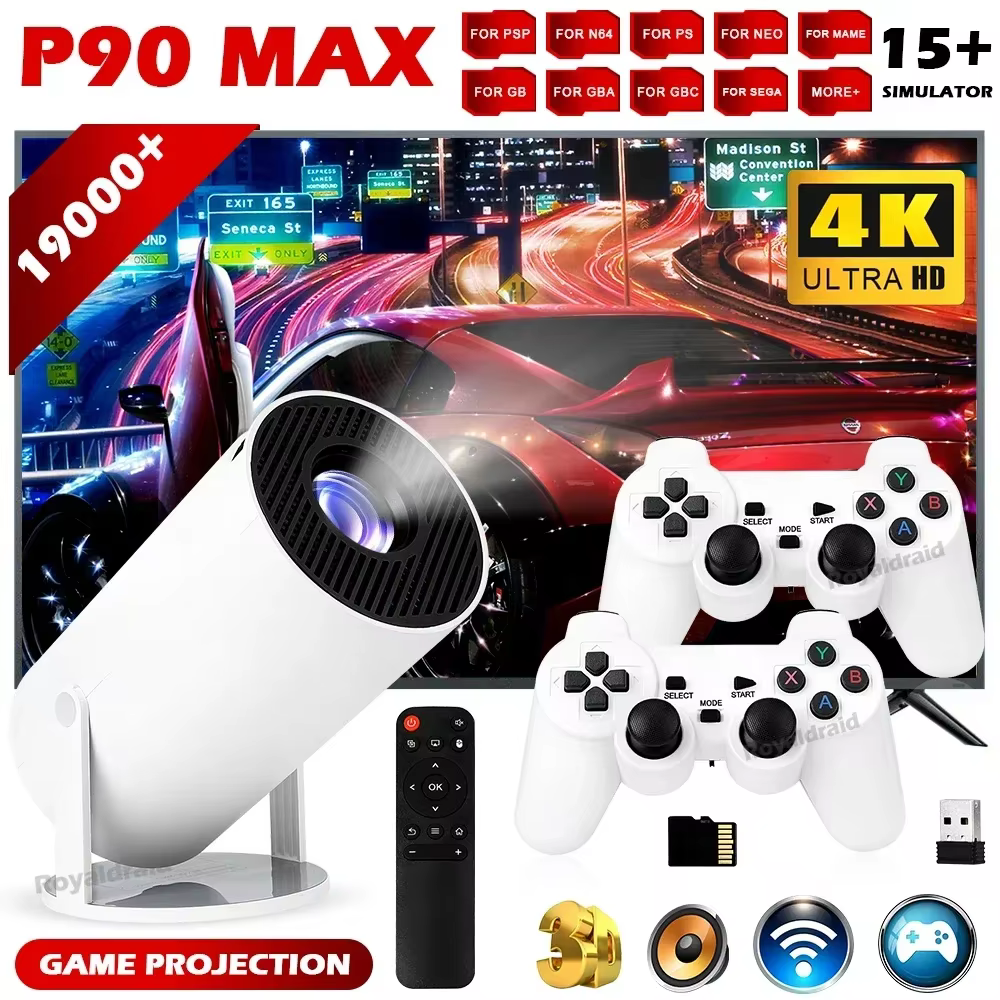 P90 Max Portable Smart Gaming Projector Video Game Console w 2 Wireless Controllers 19000+ Retro Games Support 4K 1080P Androd11