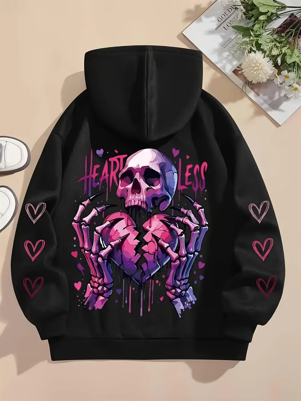 European and American men's new autumn shattered love skull print comfortable and soft hooded sweatshirt outdoor street top