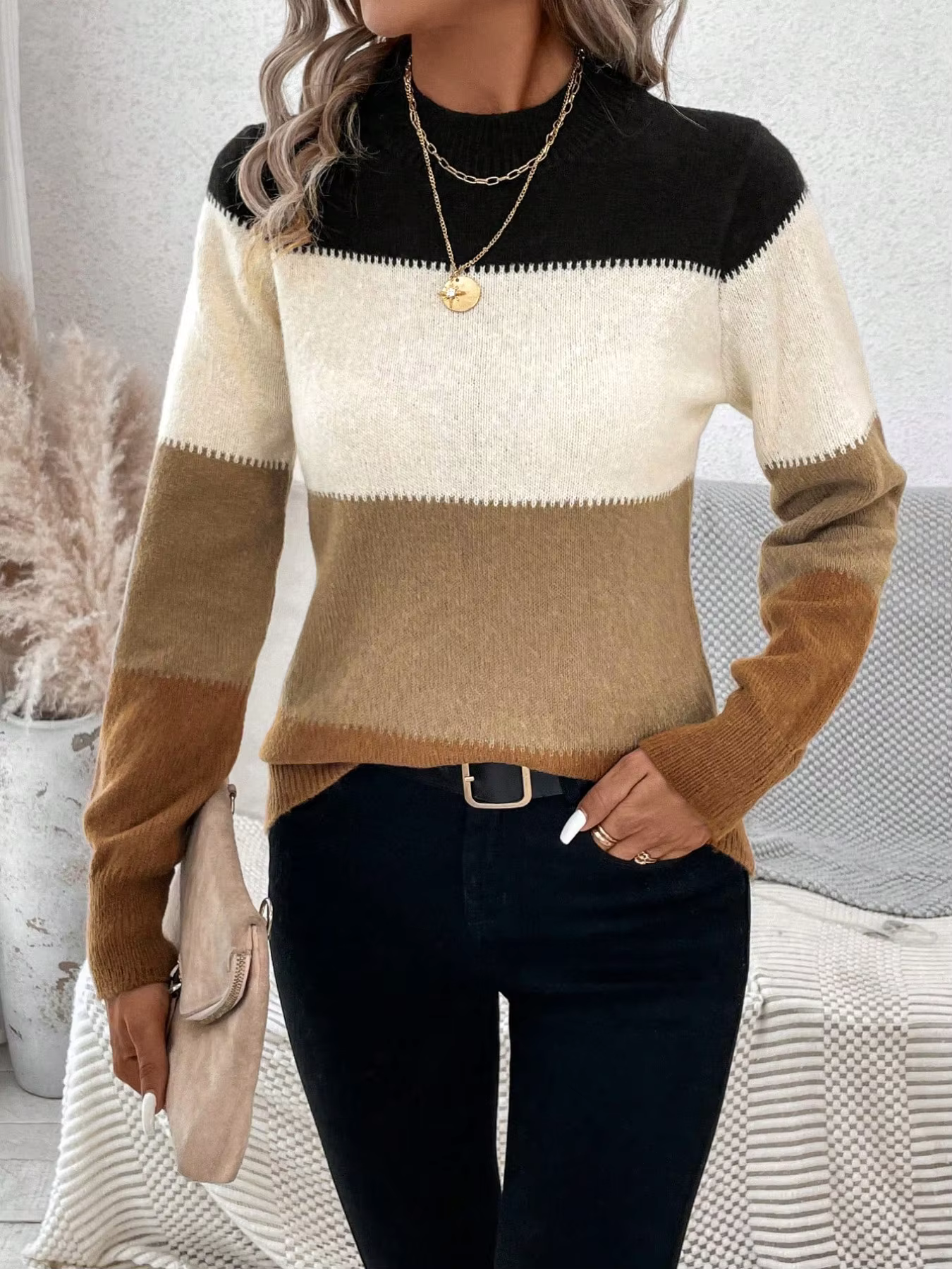 Damen Slim Fit Farbblock-Strickpullover mit Rundhalsausschnitt und Langen Ärmeln für Herbst und Winter Alltägliches Tragen