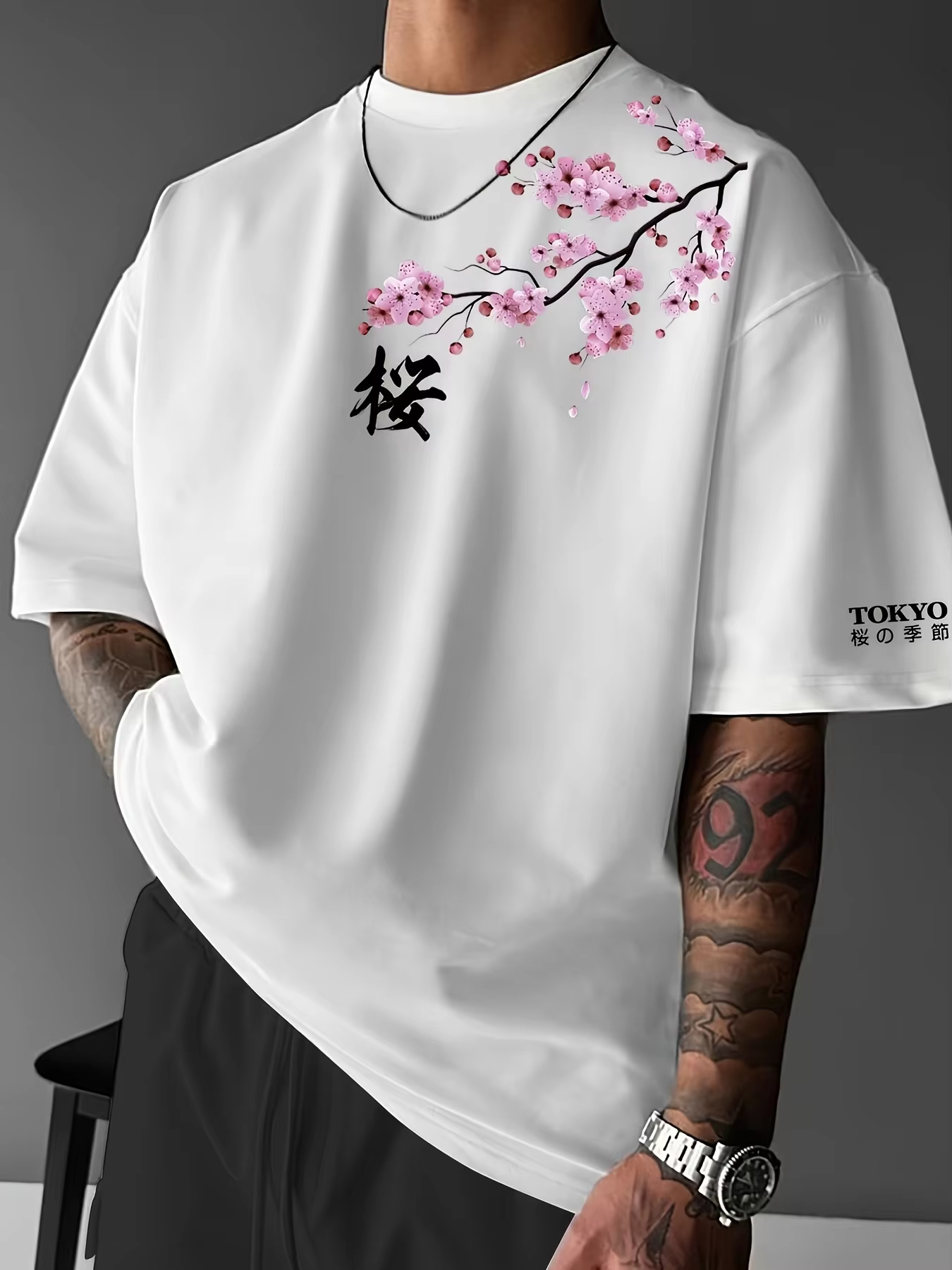 Sommer Herren T-Shirt mit Kirschblüten-Print im japanischen Stil, locker geschnitten, Rundhals, täglich tragbar, 100% reine Baumwolle, atmungsaktiv, Kurzarm
