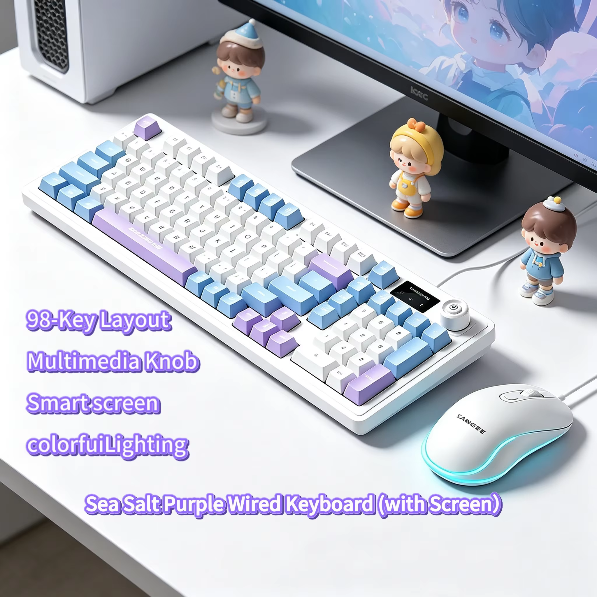 98 Keys Sea Salt Purple Wired Gaming Keyboard With Smart Screen Multimedia Knob RGB Backlit Keyboard For Laptop Desktop PC Gamer