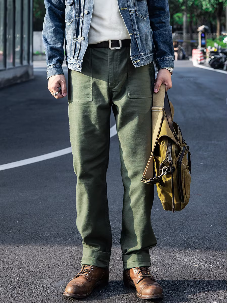 Red Tornado OG-107 Sateen Baker Pants Zipper Fly Vintage Men's Work Trousers Olive Green