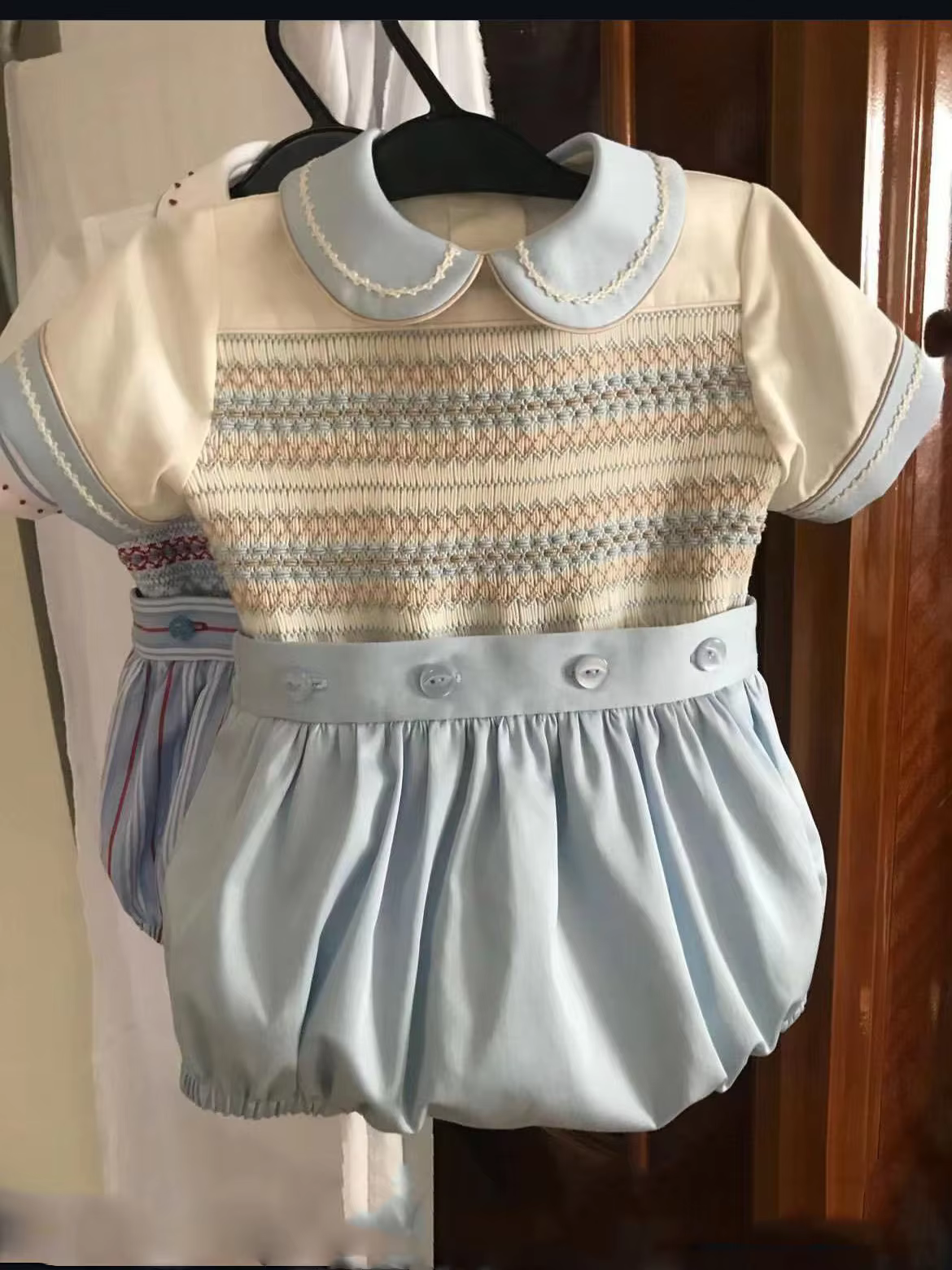 0-6Y Boy Summer White Blue Smocked Outfit Suit A100