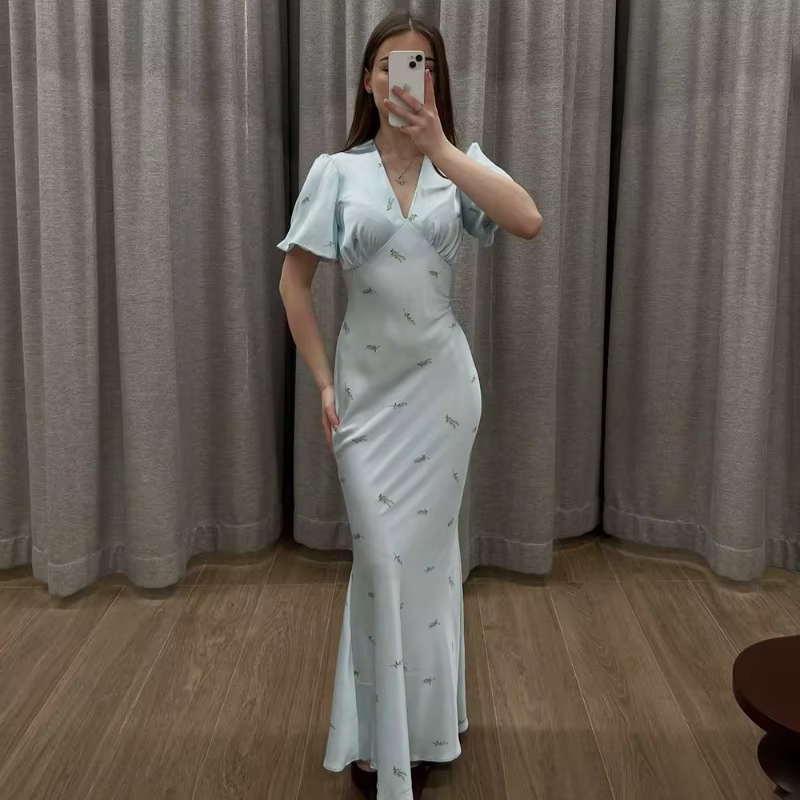 Ticketsx Elegant Printed Maxi Dress Women's Fashion V Neck Puff Sleeve Slim Summer Dress Luxury Chic Vintage Casual Female Dress