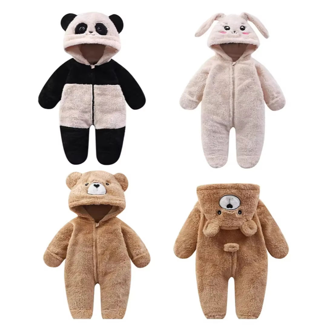 2025 Girl Boy Clothes Warm Fluffy Romper 0-12M Newborn Baby Bodysuit Plush Cartoon Animal Onesie Footed Hand Covered Jumpsuit