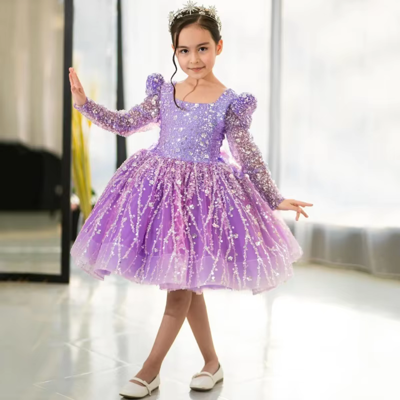 Purple Flower Girl Dress with Sequin Glitter Long Sleeve Tulle Bow Wedding Children Birthday Party Pageant Formal Gown Clothes