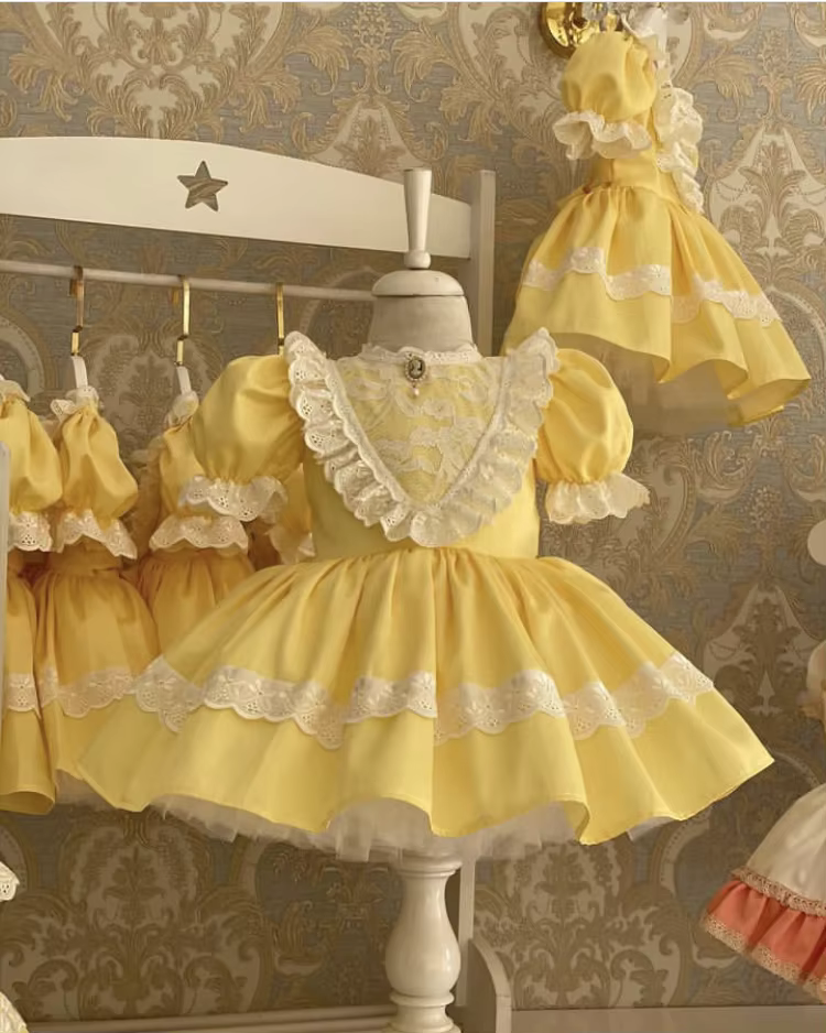 0-12Y Girl Summer Turkish Vintage Princess Yellow Dress for Easter Eid Birthday Photography  B187