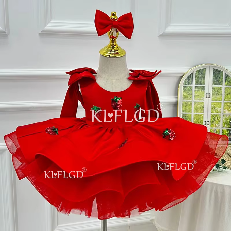 KLFLGDLuxurious and elegant satin pink girls dress with large bow embroidered strawberry fluffy cake dress birthday party dress