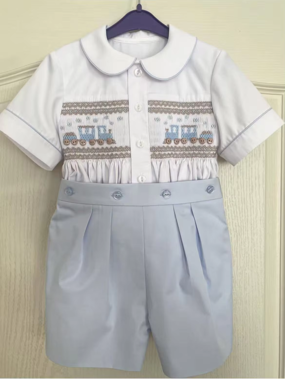 0-6Y Boy Summer Light Blue Handmade Emboidery Smocked Outfit Suit for Birthday Photography Party Casual A332