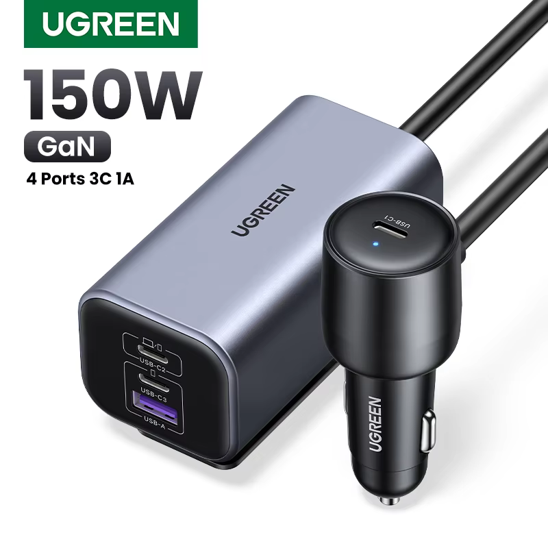 UGREEN 150W Car Charger GaN Fast Charge Extender 4 USB Devices Charger for iPhone 17 16 15 USB C Charger for iPad Notebook