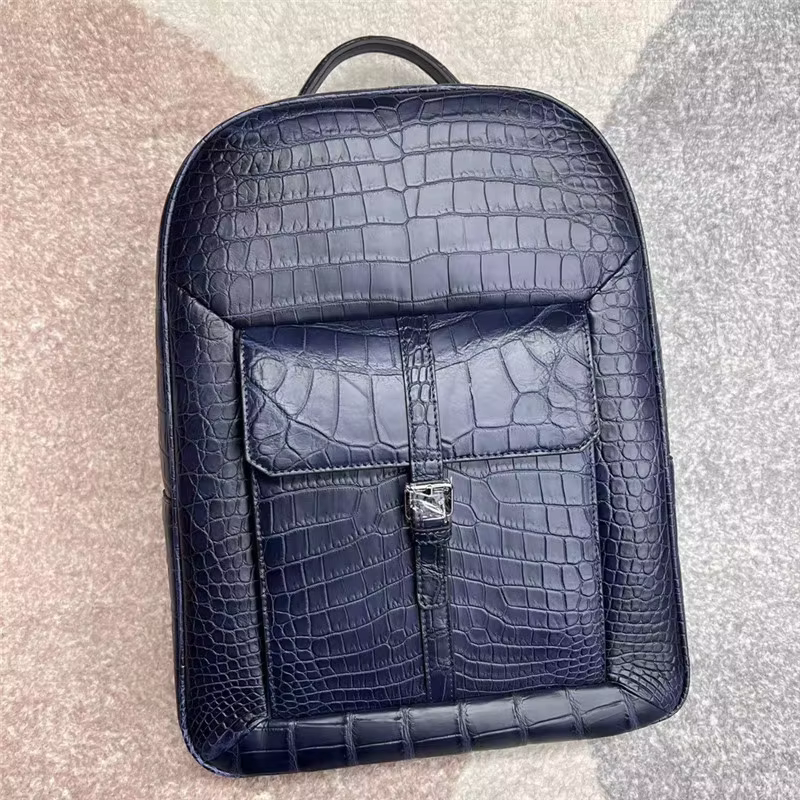 Exotic Genuine Crocodile Belly Skin Navy Blue Men Large Backpack Authentic Real Alligator Leather Male Business Travel Bag Pack