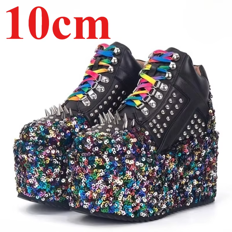 Europe/American Street Cool Sponge Cake Shoes for Women's 10cm Leather Splicing Sequin Design Thick Sole Height Increasing Shoes