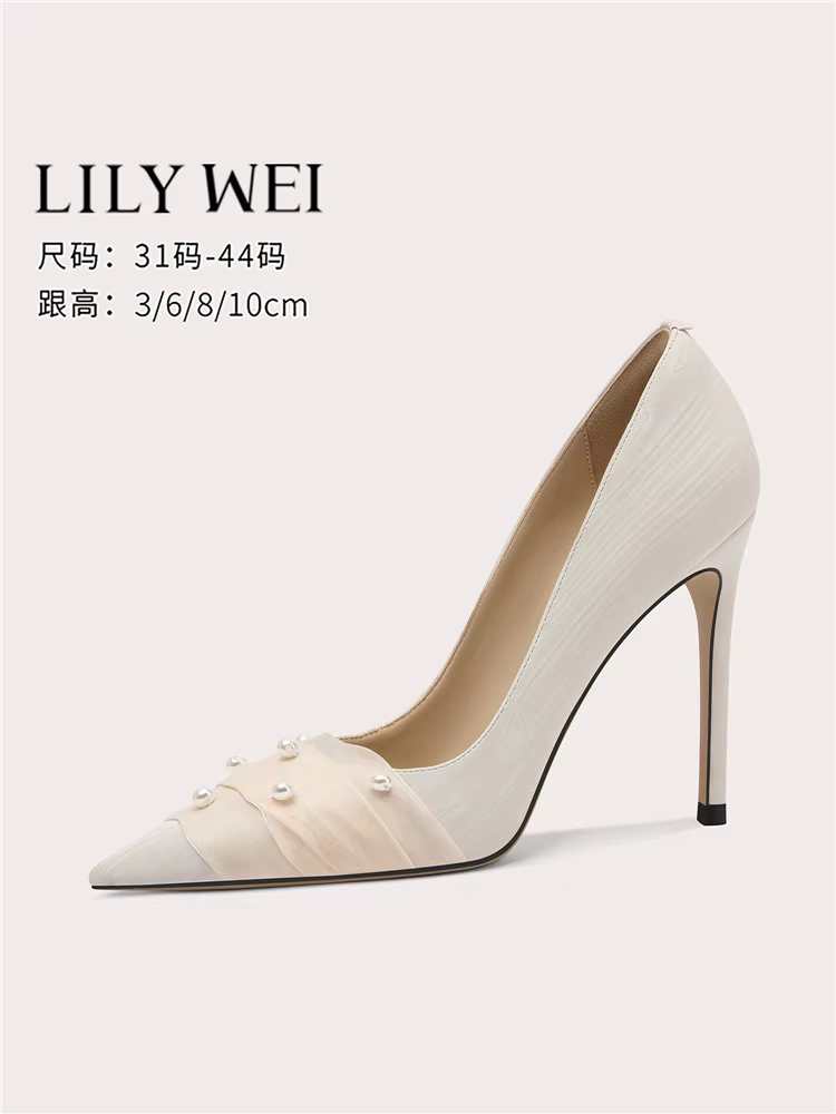 Spring new pointed shallow cloth lace pearl low-heel wedding shoes thin high-heeled banquet large size small size women's shoes