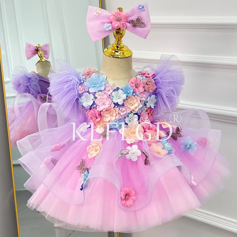 New flower children's wedding dress for 2-8 years old, tulle embroidered applique puffy skirt short girls luxury party dress