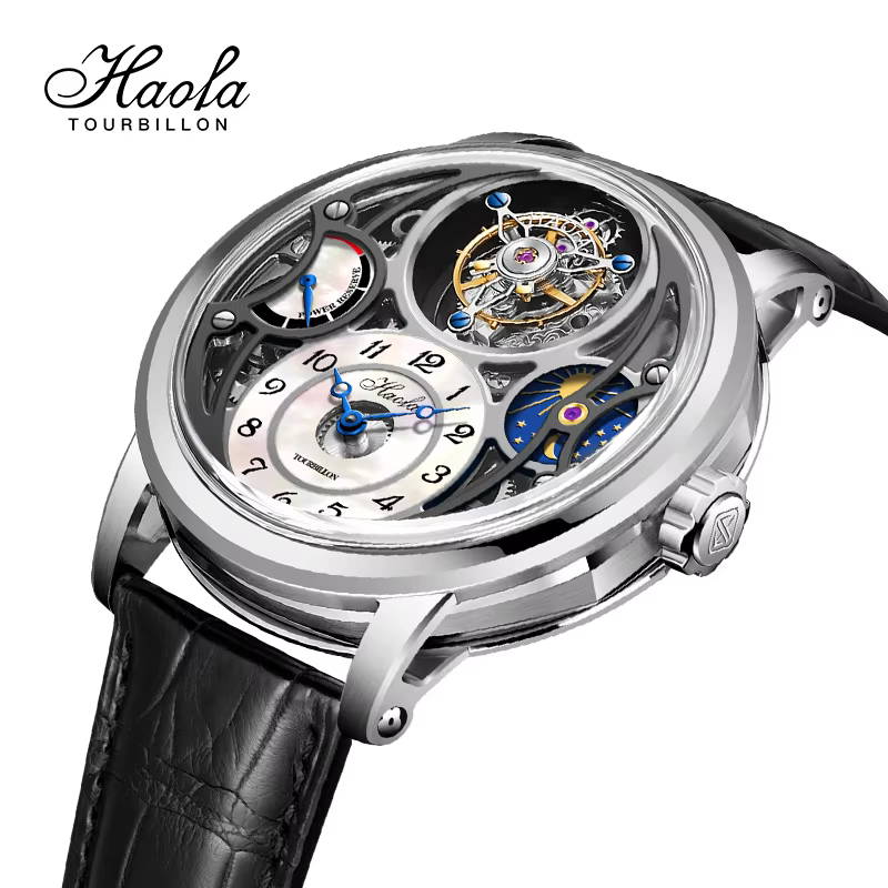 Haofa Manual Tourbillon Watch for Men Moonphase Energy Display Dial Skeleton Movement Sapphire Mechanical Wristwatches 1939