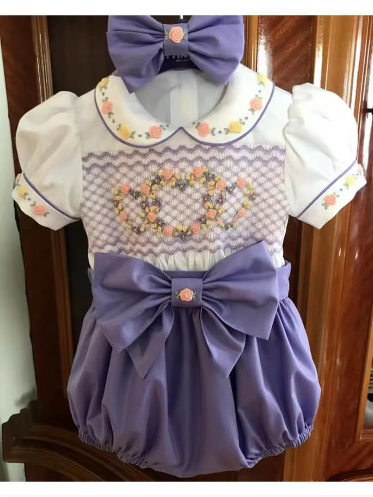 0-6Y Girl Summer Pink Flower Purple Shorts Smocked White Outfit Suit for Birthday Party Photograph A123
