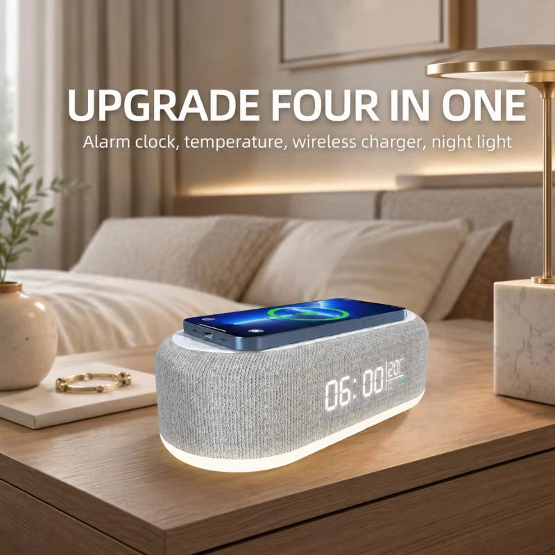 Alarm Clock Wireless Charger Pad with Night Light, Desk Lamp & Thermometer for iPhone 17 16 15 14 13 Fast Charging Dock