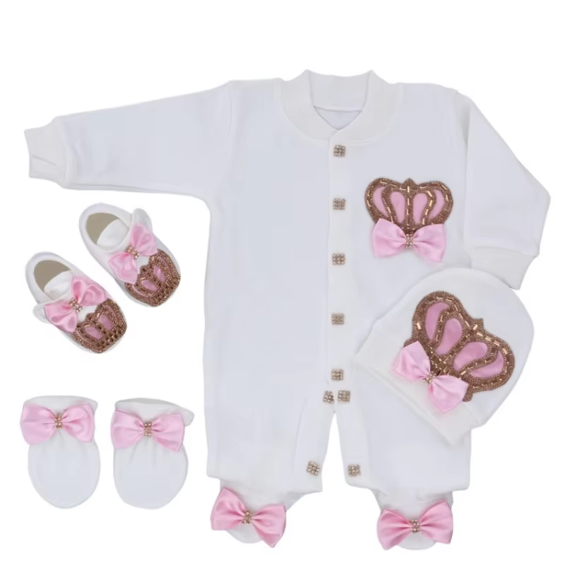 Footed Romper Newborn 0-9 Months 4 Piece Set White Pink Crown Bow Princess Boutique Baby Shower Gift With Hat Mittens Shoes