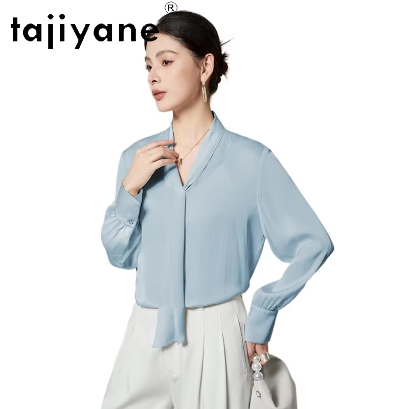 TAJIYANE 91.8% Mulberry Silk Shirts Woman Elegant Scarf Neck Blouse Office Work Shirt New in Spring Women Clothes 2026 футболка