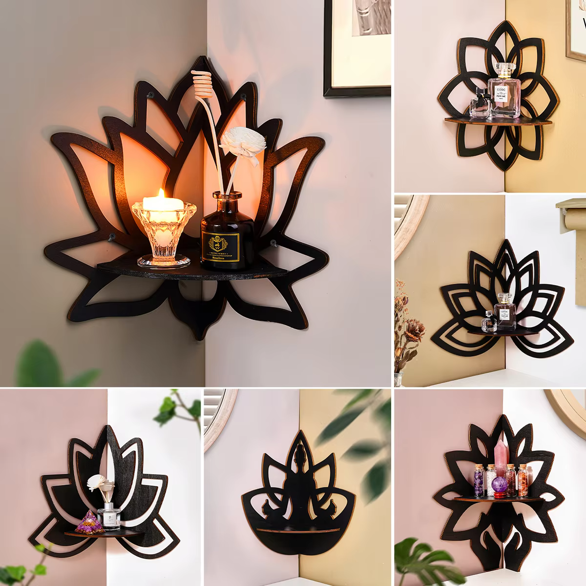 1 piece of creative simple nail wall storage display rack (without nails), black simple lotus shape wall decoration pendants, DI