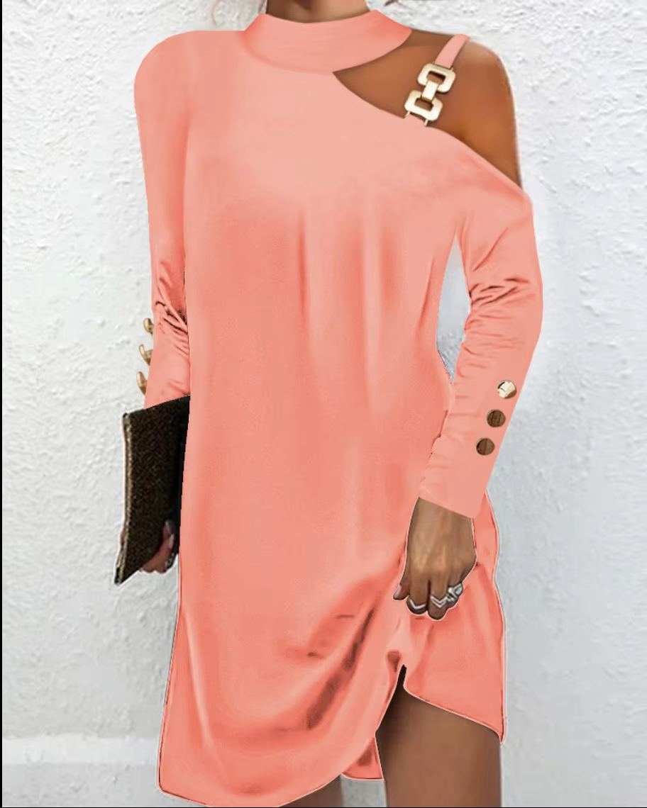 Women's Dress Long Sleeve Shift Dress Autumn 2024 Elegant Simple Metal Buckle Halter Neck Button Dress Women's Work Mini Dress