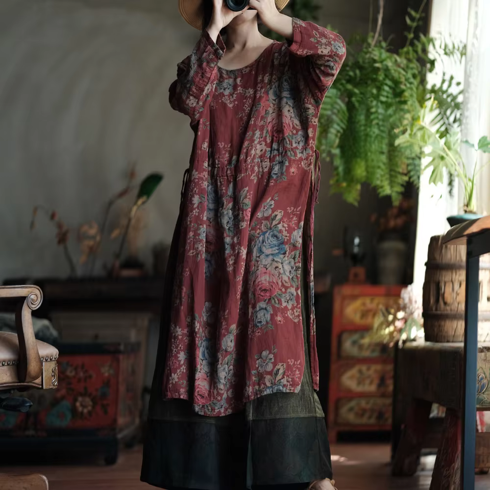 Women Casual Cotton Dress New Arrival 2025 Spring Vintage Style O-neck Floral Print Loose Comfortable Female Long Dresses M1080