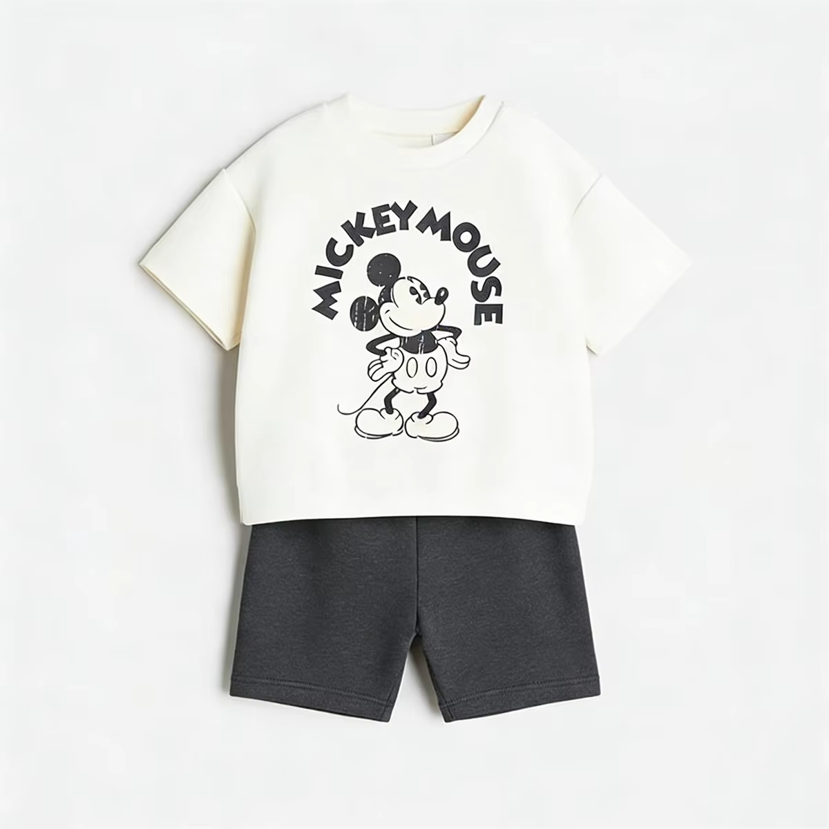 White Mickey Tshirt Black Shorts 2pcs Boys And Girls Cartoon Clothing Set Casual Loose Suits Simple Trendy Wear Short Sleeve Set