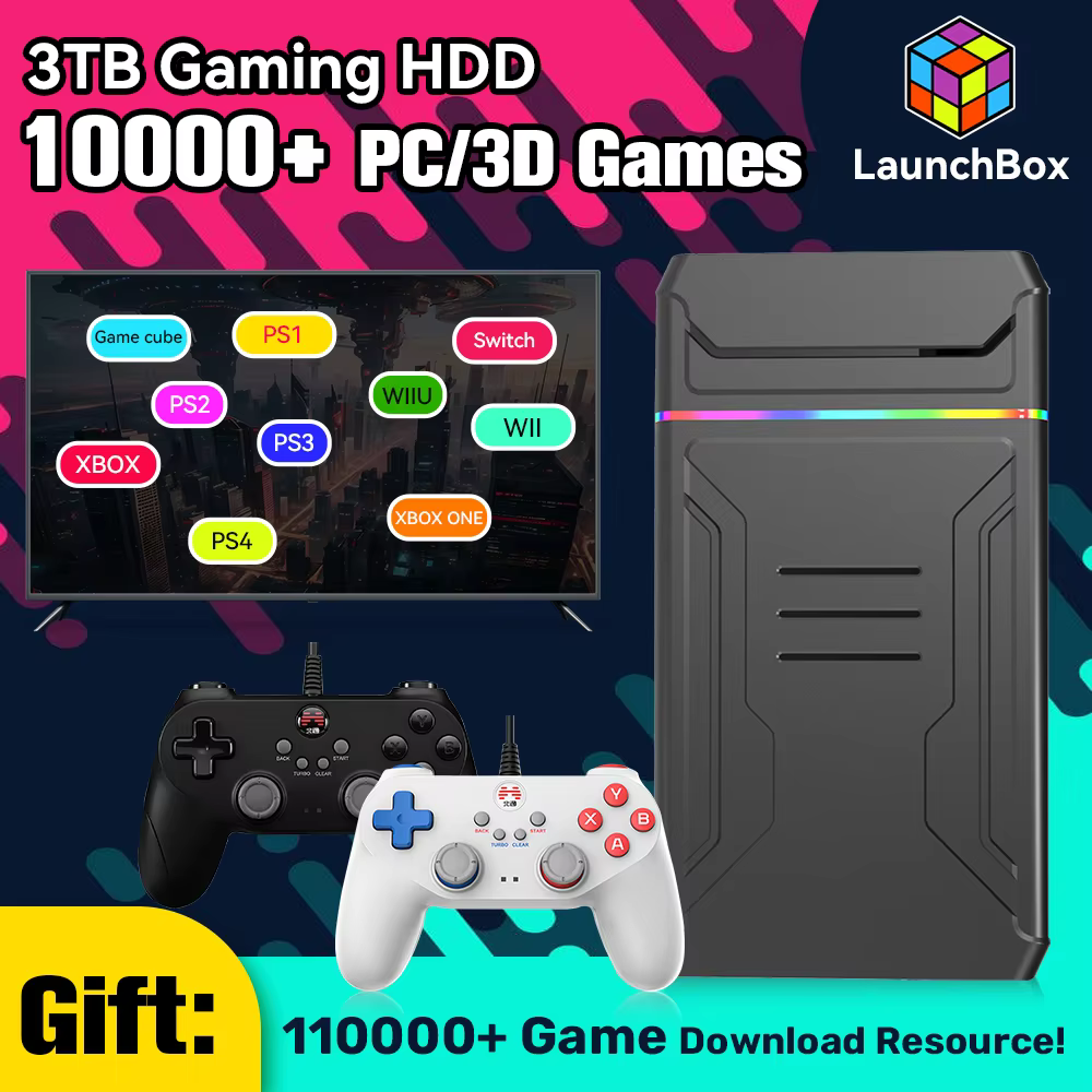Launchbox 3TB Gaming HDD Video Game Console for XBOX/PS4/Switch/PS3/PS2/PS1/Wii/WiiU with 10000+PC/3D Games for Win PC/Laptop Plug and Play