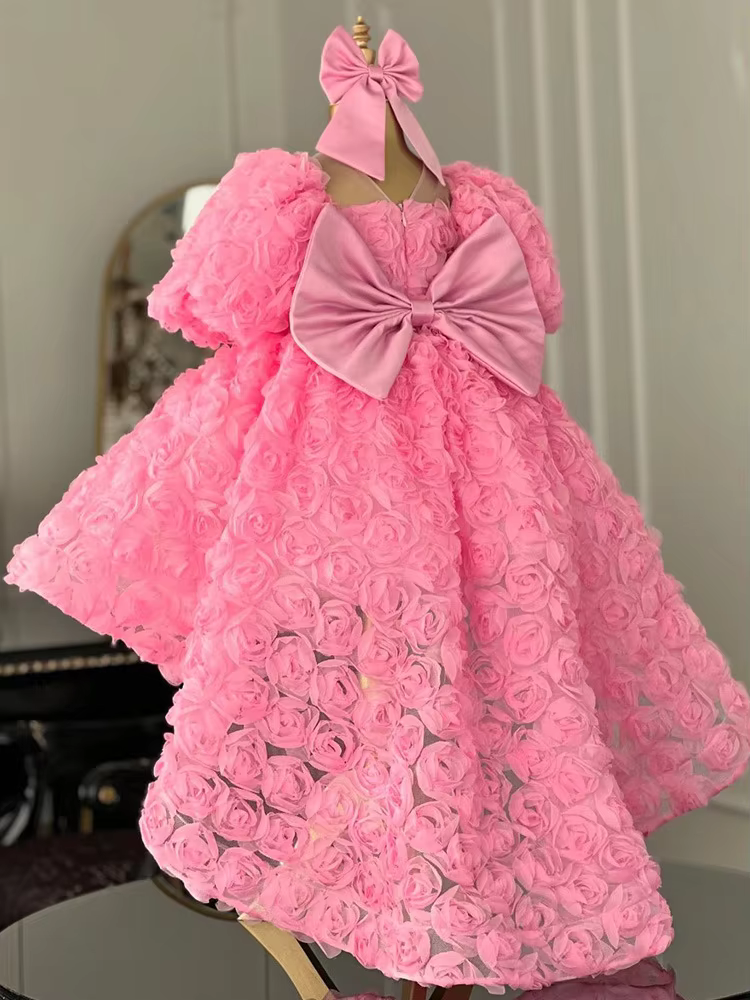 Princess Dress2025New Short Front Long Back Pink Dress with Rose Flowers European and American Princess Dress for Girls