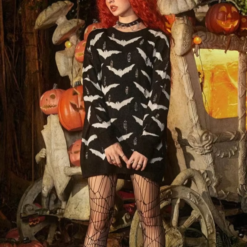 Halloween dark gothic bat pattern knitted sweater punk rock girl round neck long sleeve loose street hole pullover87705